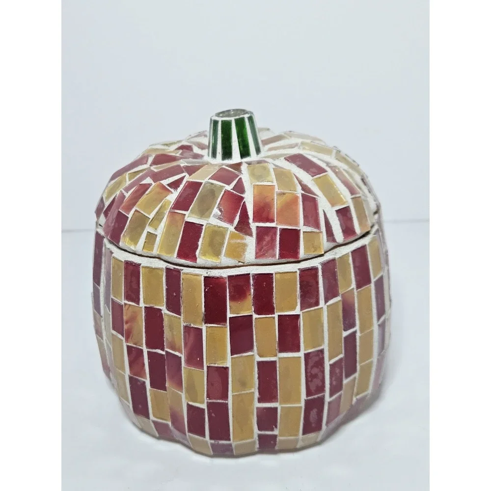 Handmade Mosaic Glass Pumpkin Trinket Box Candle Holder Fall Halloween Decor 5in
